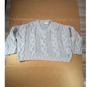 AMENAH Grey Cable Knit V Neck Cropped Sweater WMNS M Cozy Chunky cottagecore
